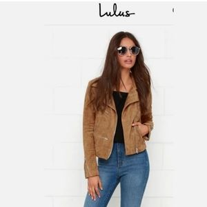 Lulus Neutral Brown Zip Up Ride With Me Vegan Suede Moto Jacket Medium